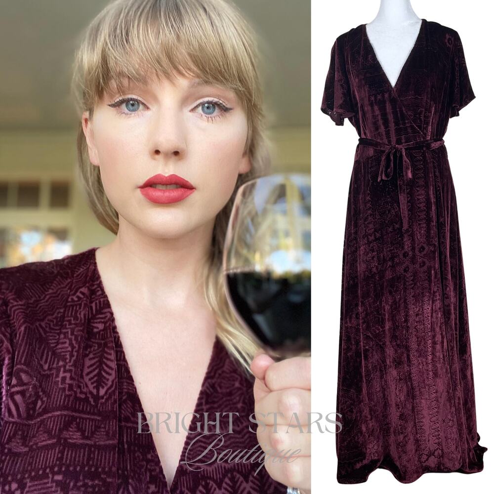 Rare Burgundy Velvet Burnout Maxi Wrap Dress ASO Taylor Swift Maroon Folklore